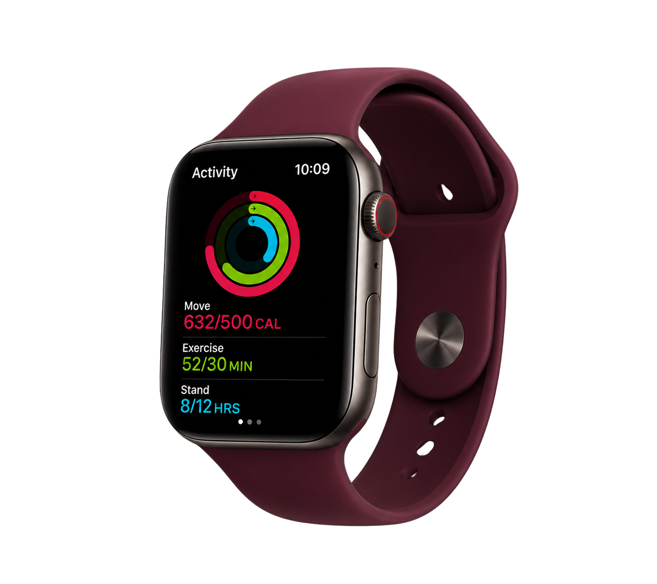 Apple Watch with burgundy sport band displaying Activity rings